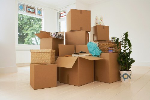 Packed student boxes ready for removal in Shepherdsbush